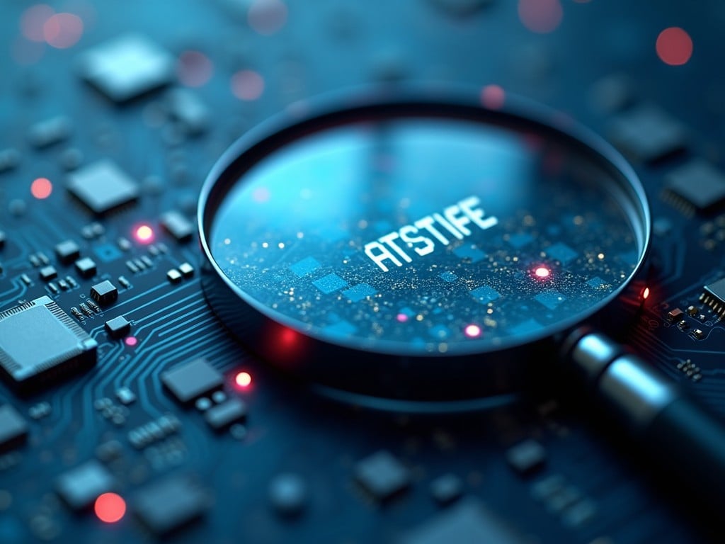 The image features a close-up of a circuit board with a magnifying glass over it. The lens reveals the text 'ATSIFE' prominently displayed among the intricate circuitry. Surrounding elements include various microchips and LED lights creating a technological setting. The color scheme is dominated by blues and silvers, reflecting a digital atmosphere. This composition captures the essence of a detailed search operation in a tech environment.