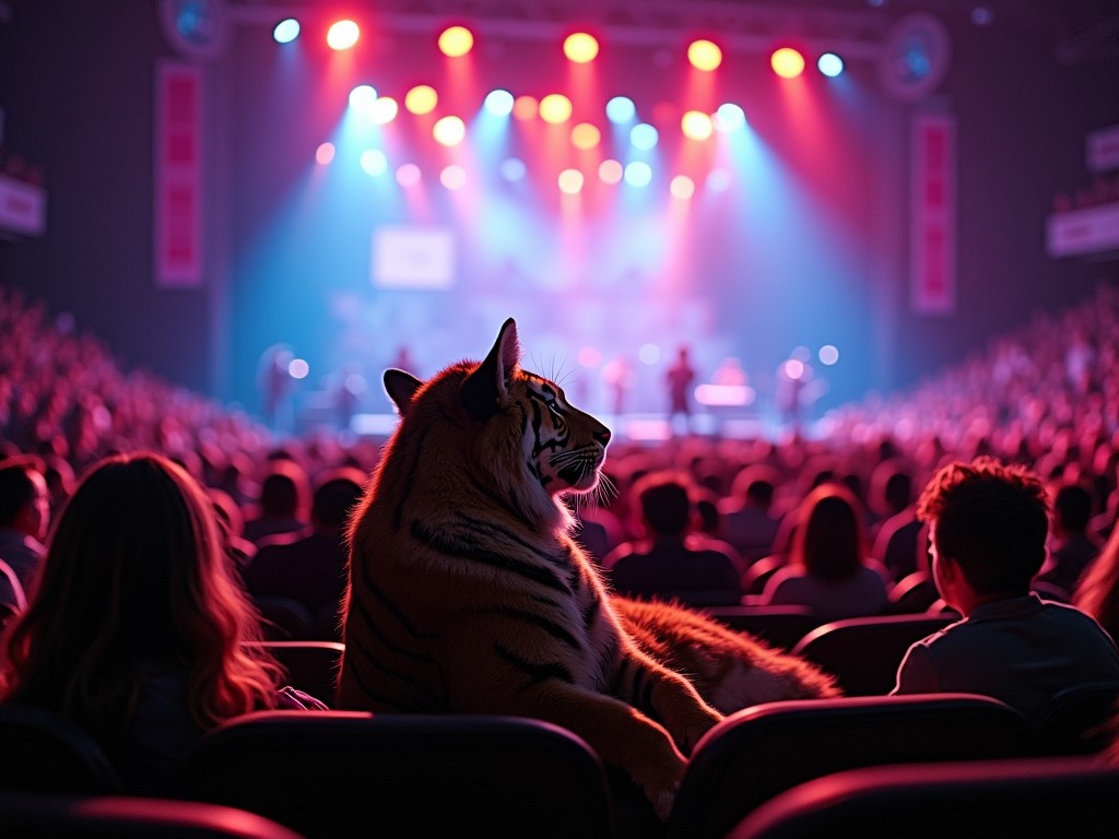 In this vibrant and surreal image, a tiger is seated among concertgoers in a dimly lit auditorium. The stage ahead is illuminated with colorful lights, casting a lively glow over the audience. The setting creates an unexpected yet captivating juxtaposition between the wild creature and the human environment.