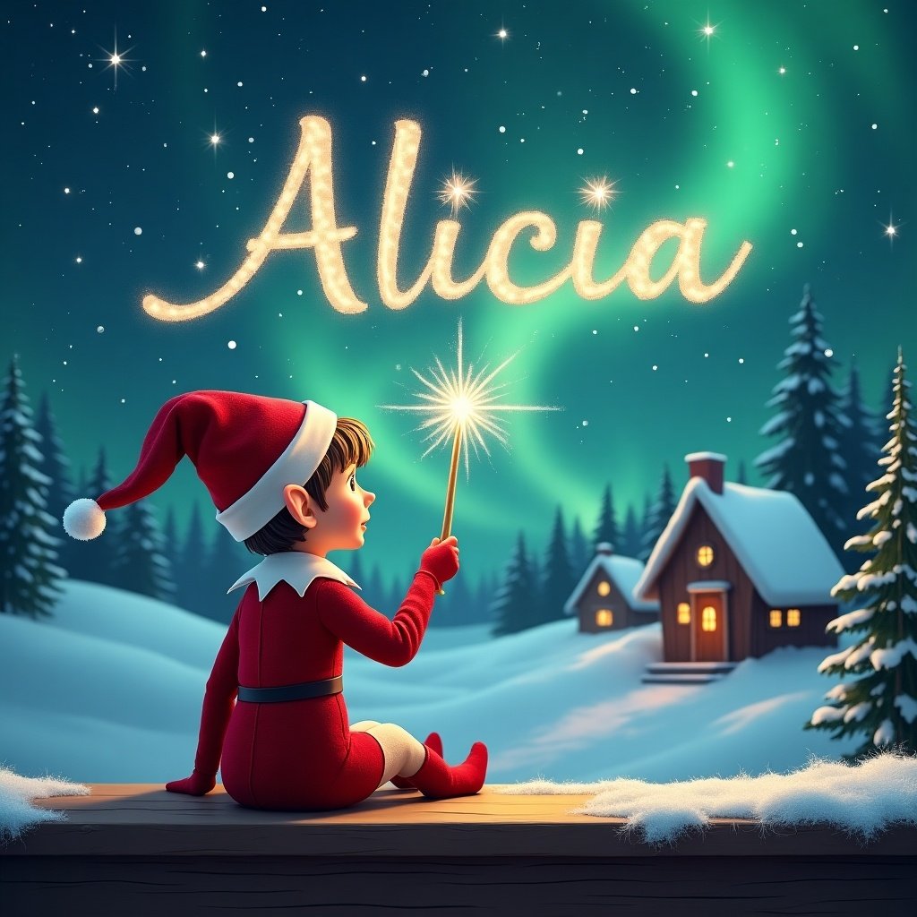 An elf sits on a wooden ledge, viewing a magical sky. Dressed in a red outfit with a pointed hat, the elf holds a sparkling wand. With this wand, it elegantly writes the name 'Alicia' in the sky. The background is a snowy landscape with charming little houses and evergreen trees. Shimmery Northern Lights illuminate the scene, capturing childhood magic and Christmas cheer.