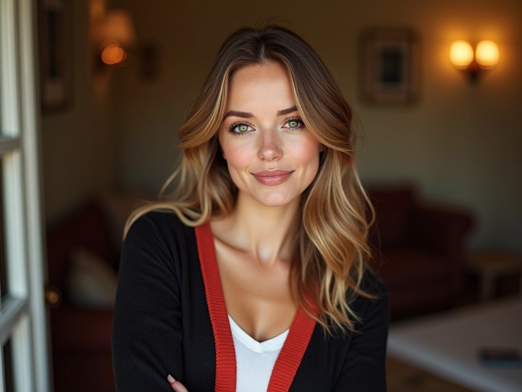 The image showcases a woman with flowing hair and a warm smile, posing indoors with a soft and inviting backdrop. She has an elegant but casual style, wearing a sweater with a red detail. Her eyes are striking, drawing the viewer's attention. The warm lighting accentuates her features and creates a relaxed ambiance. The background features muted furniture, complementing her presence, suggesting a cozy home environment. This portrait embodies beauty and approachability.