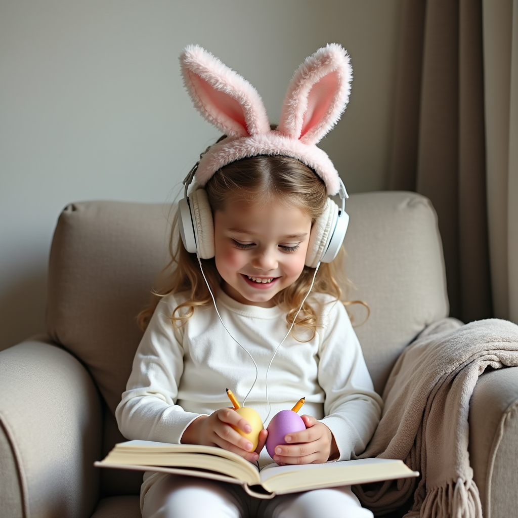 A child wearing bunny ears and headphones sits on a chair, drawing in a book with colorful egg-shaped crayons.