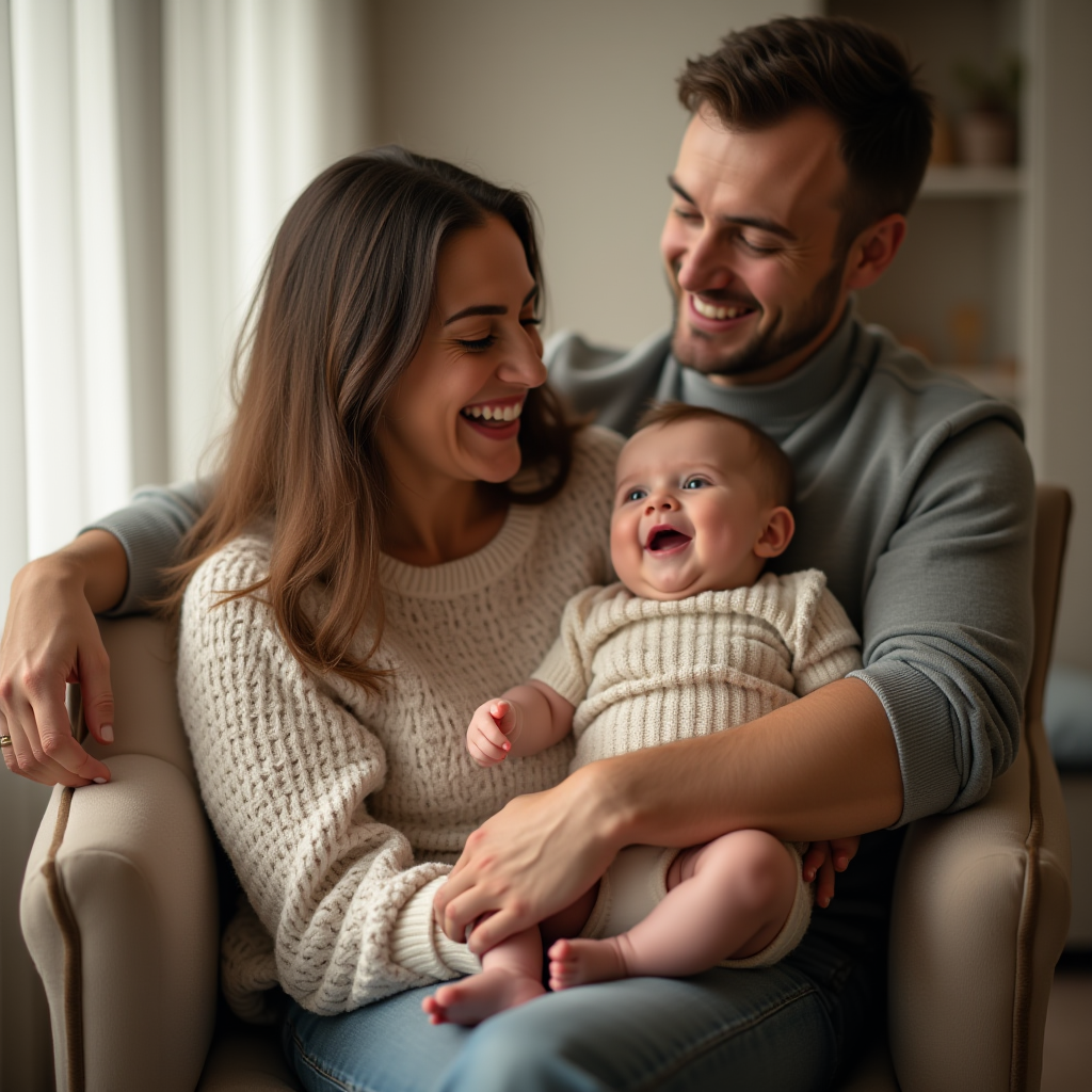 A happy family sitting together, smiling and enjoying a joyful moment.