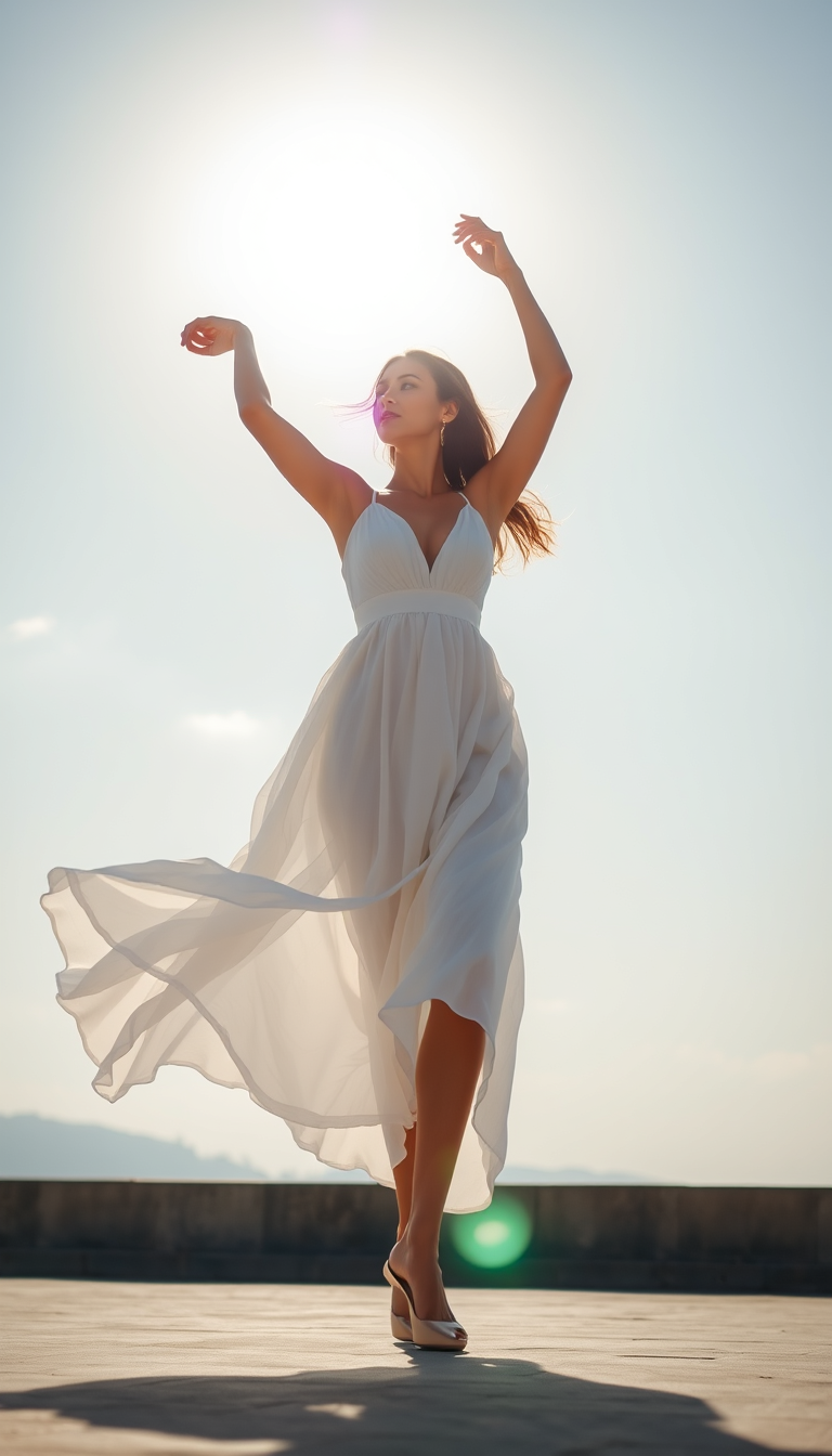 A woman in a flowing white dress dancing gracefully under a bright, sunlit sky.