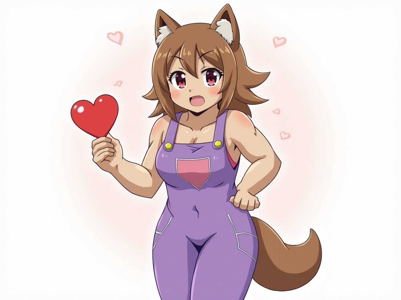 A furry anime girl is depicted wearing purple overalls. She has a strong, muscular body that showcases her impressive physique. Her hair is brown and styled in a cute, casual manner. The character features a heart design on her overalls. She also holds a red heart-shaped object in her hand, adding a playful touch to her appearance.