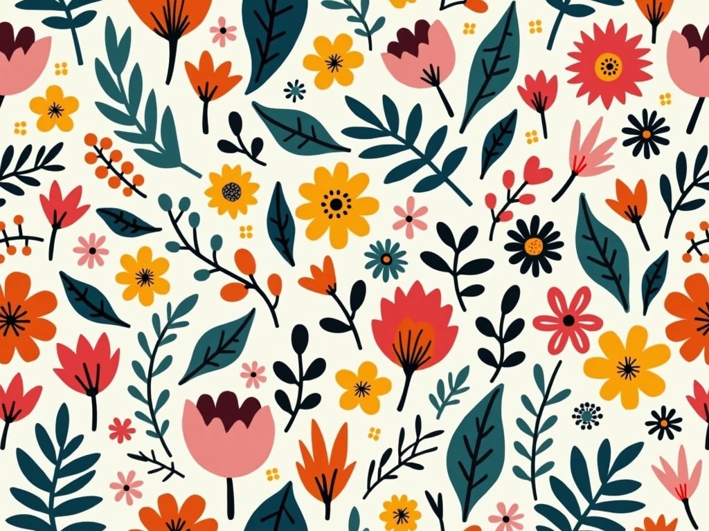 The image features a lively floral pattern with various flowers and leaves arranged symmetrically. The dominant colors include bright pinks, yellows, and greens against a light background. This illustration is characterized by its playful and whimsical style, showcasing flowers of different shapes and sizes. It evokes a cheerful and fresh atmosphere, ideal for springtime themes. The contrast between the colorful florals and black outlines adds depth and interest to the design.