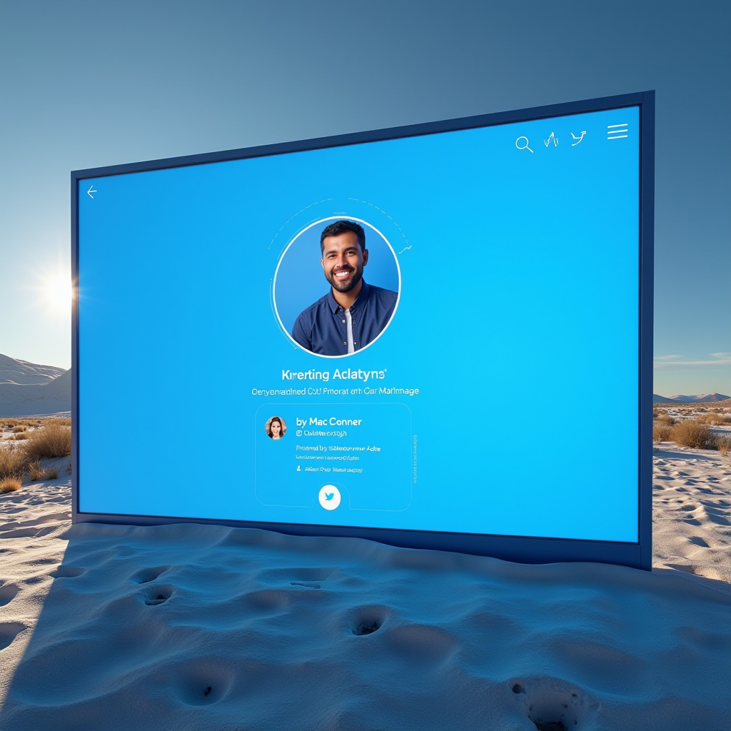 A digital display featuring a profile page set in a snowy desert landscape at sunset.