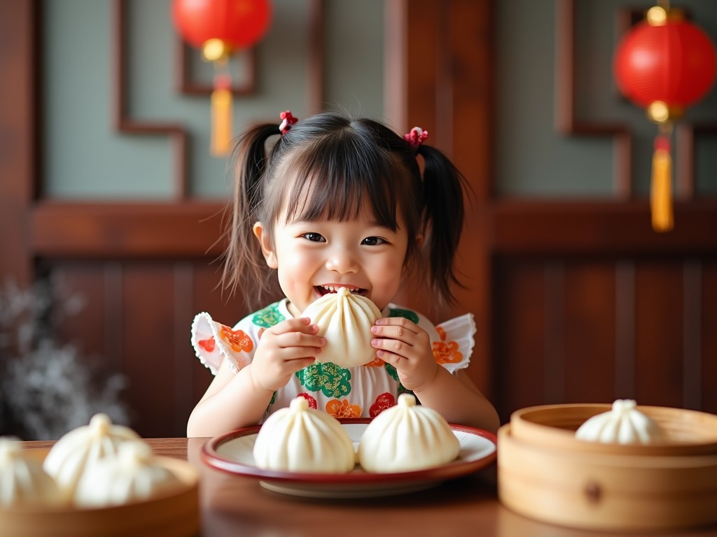 A young child with a playful smile holds a large dumpling in her hands, sitting at a wooden table adorned with traditional Chinese decor. Behind her, red lanterns add a festive touch, while steam rises gently from a bamboo steamer filled with more dumplings. Her colorful outfit complements the vibrant atmosphere, evoking a sense of celebration and joy.