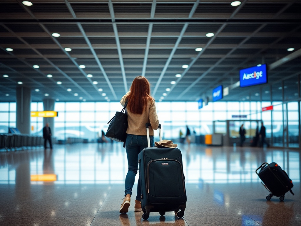 A woman with long hair walks through a spacious airport terminal, pulling a suitcase. The setting features a modern interior with overhead lights casting a bright yet soft glow. Large windows allow natural light to filter through, adding to the airy ambiance. Departure signs and a scattered few travelers suggest a sense of movement and anticipation.