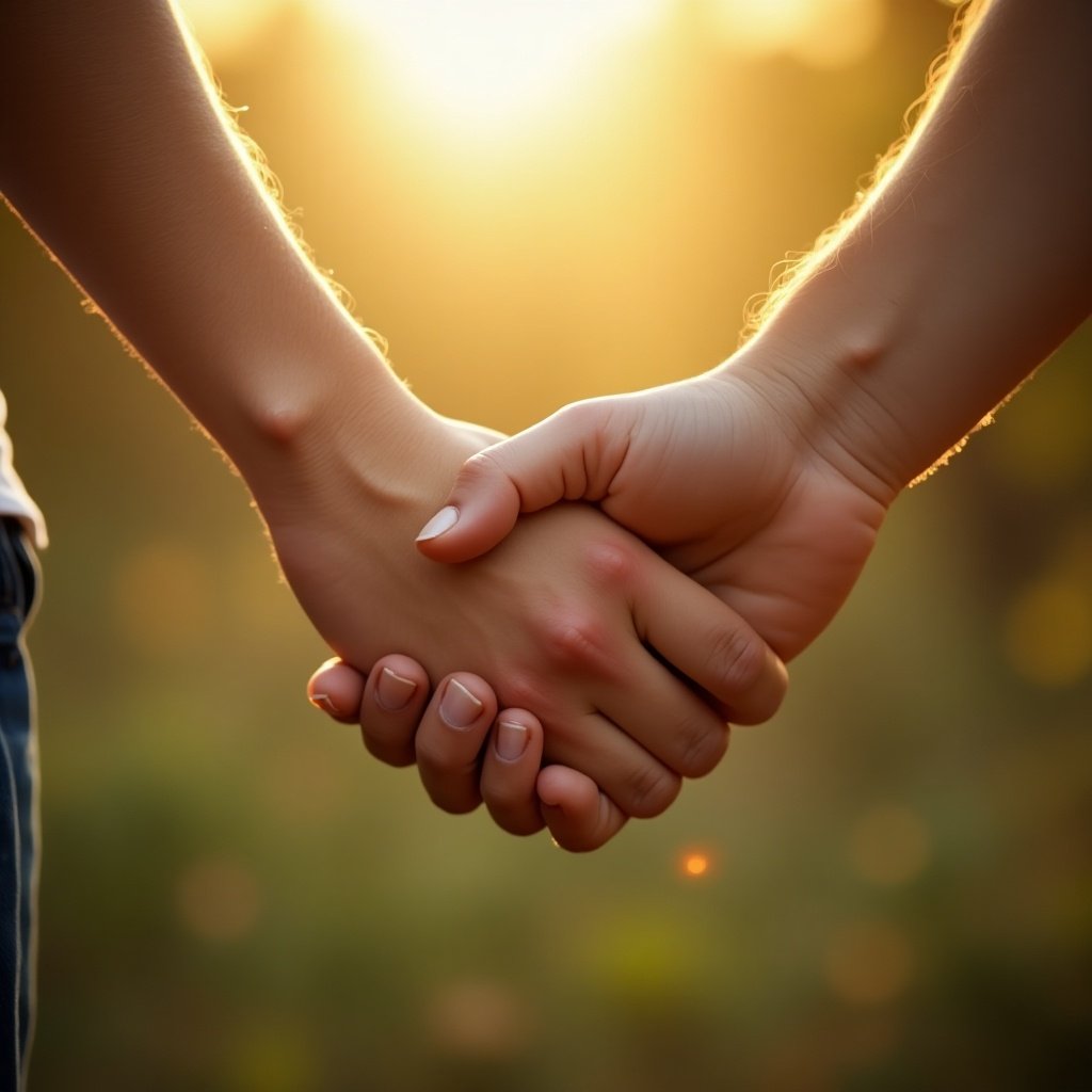 This image features two people's hands interlocked, symbolizing unity and togetherness. The close-up perspective captures the details of their grip, showcasing intimacy. The background is a beautiful natural setting, softly lit by warm sunlight, creating a serene atmosphere. The earth-toned colors contribute to a comforting feel. This visual suggests companionship and emotional support.