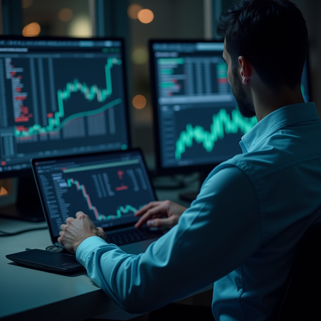 A man is intently analyzing stock charts on multiple monitors in a dimly lit office.