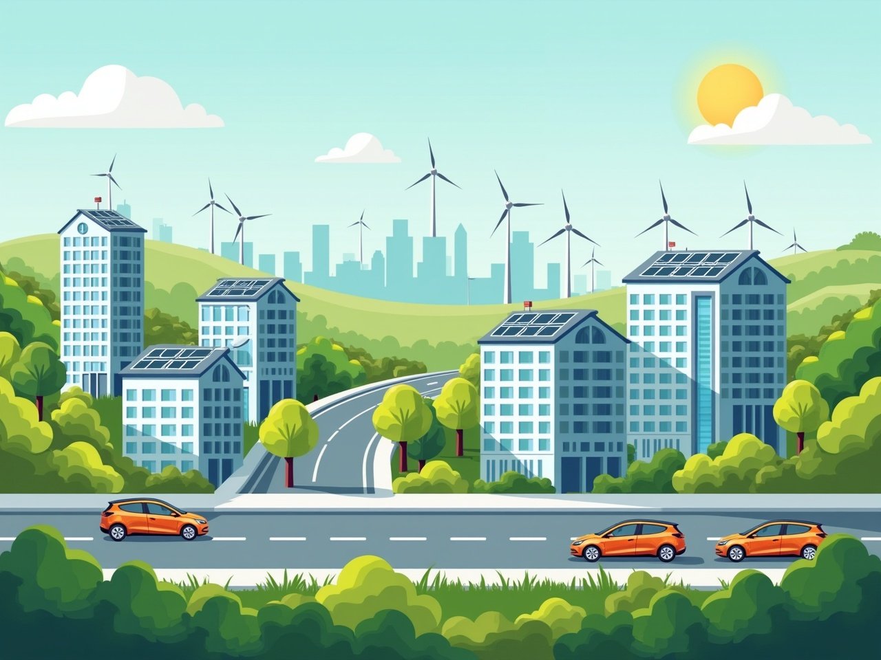 This image depicts a modern cityscape that harmoniously combines green spaces with urban architecture. In the foreground, vibrant orange electric vehicles are traveling along a road. The background features towering buildings equipped with solar panels and wind turbines spinning in the distance, emphasizing a commitment to renewable energy. Lush green hills add to the serene environment, while the skyline of a city provides a dynamic contrast. The overall scene is brightened by the warm glow of the sun, suggesting an optimistic and eco-friendly future.