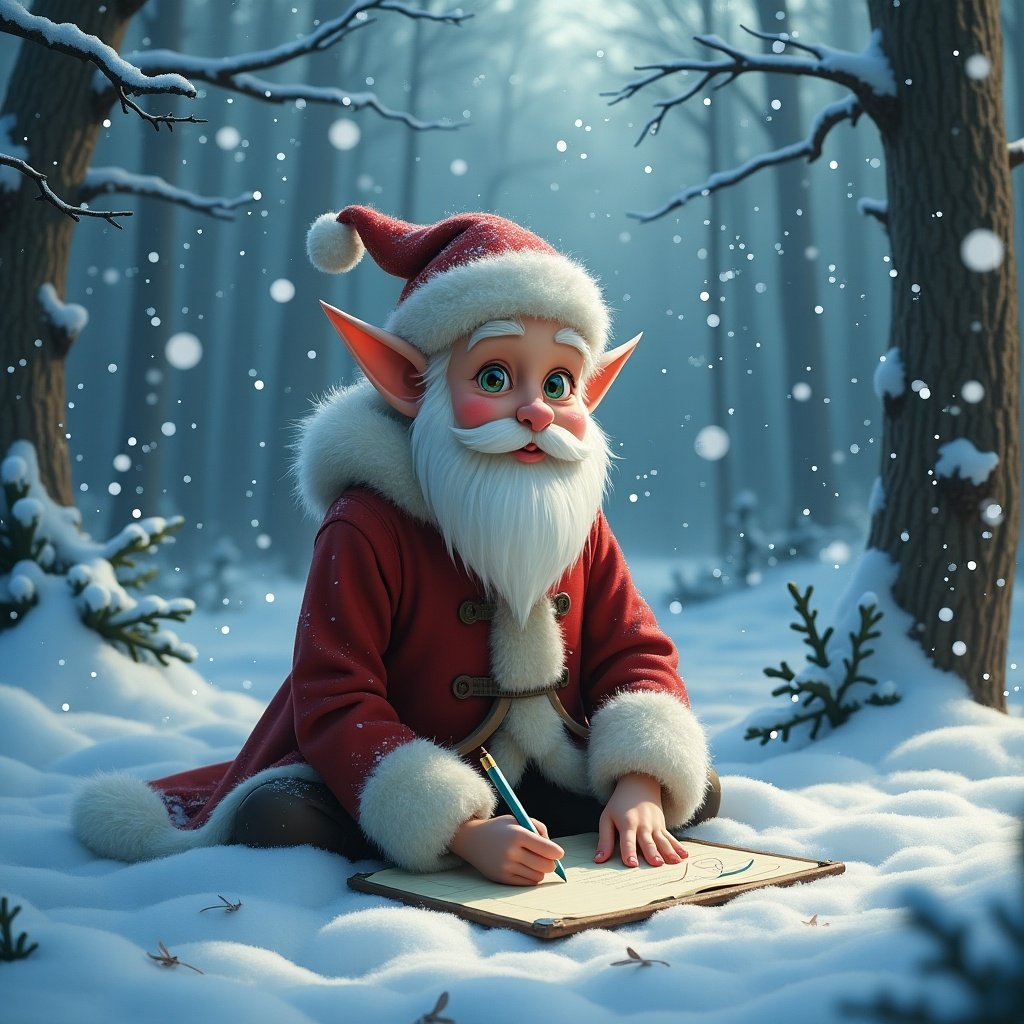 In a serene snowy landscape, a cheerful elf sits on the ground, dressed in a red coat with white fur trim and a matching hat. The elf has large expressive eyes and a fluffy white beard, and is intently writing on a large piece of parchment. Snowflakes gently fall around, adding a magical touch to the winter scene. Snow-covered trees create a beautiful backdrop, and the bright colors of the elf's outfit contrast with the cool tones of the snow and trees. This enchanting setting captures the spirit of the holidays and the joy of gift-giving.