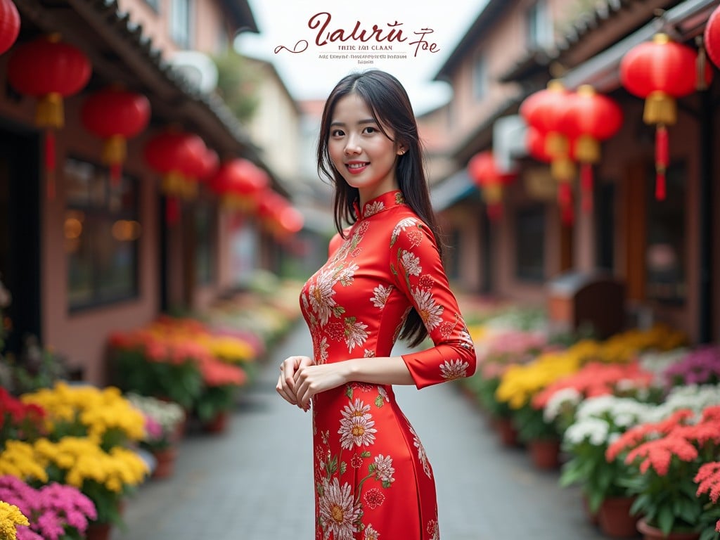 The image features a young woman in a vibrant red ao dai adorned with intricate floral patterns. She stands confidently in a picturesque street adorned with colorful flowers and traditional Chinese lanterns. The warm, natural lighting highlights her elegant posture and the detailed design of her outfit. The background showcases a charming alley, enhancing the festive ambiance of the setting. This scene beautifully captures cultural heritage and elegance, inviting viewers to appreciate the artistry of traditional attire.