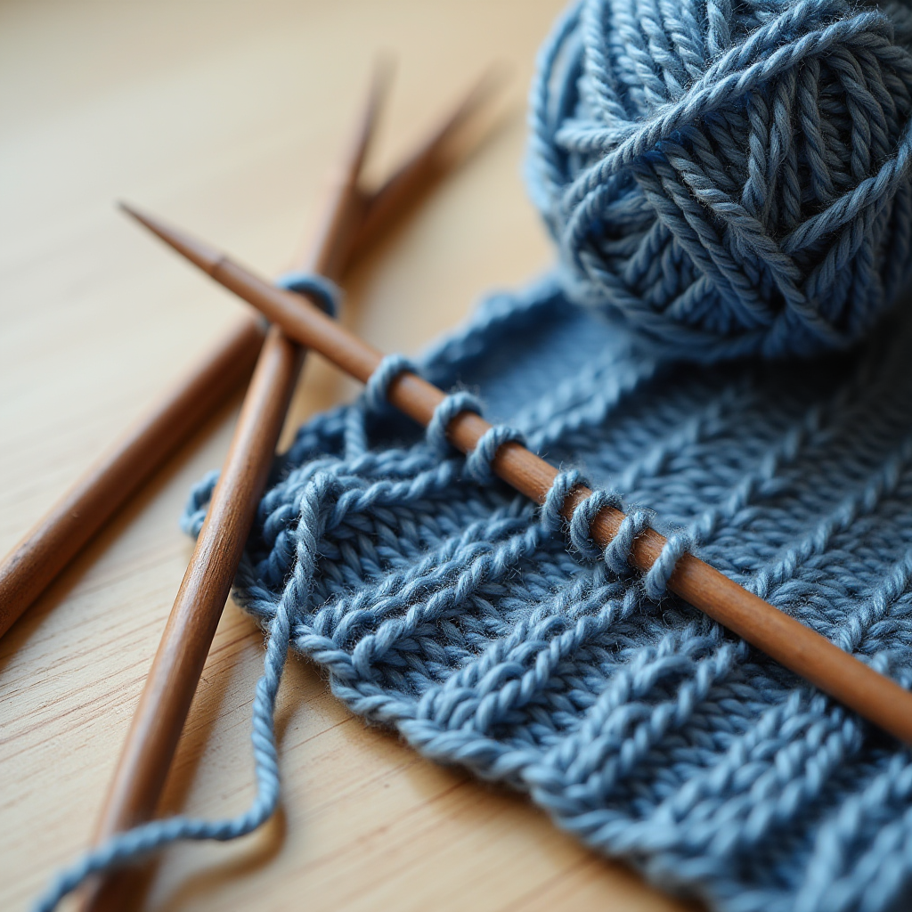 Blue yarn and wooden knitting needles are arranged on a table with a partially finished knit piece.