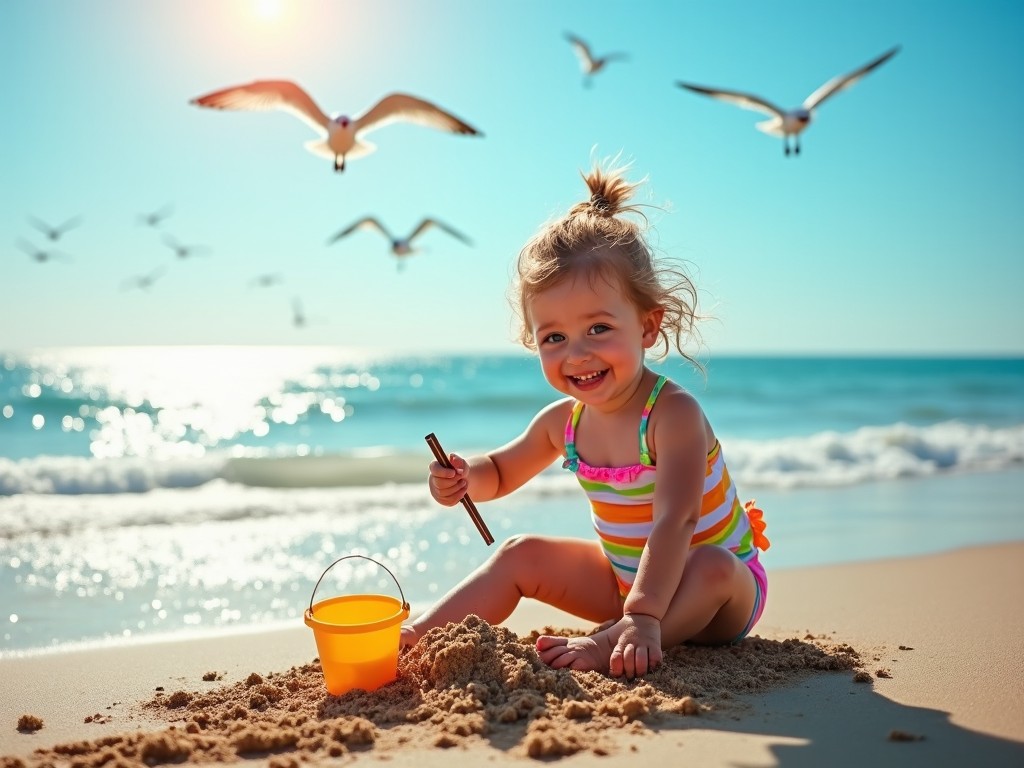 A young child playing on a sunny beach with seagulls flying overhead, holding a bucket and stick, and smiling.