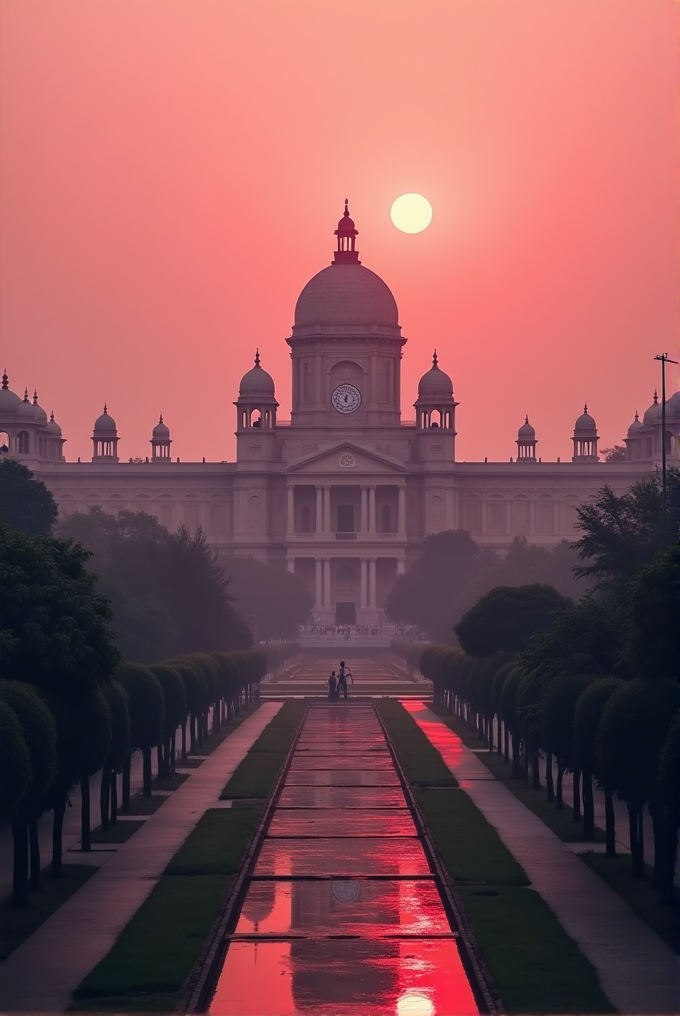 A grand building with a large dome is silhouetted against a pink sunset sky.