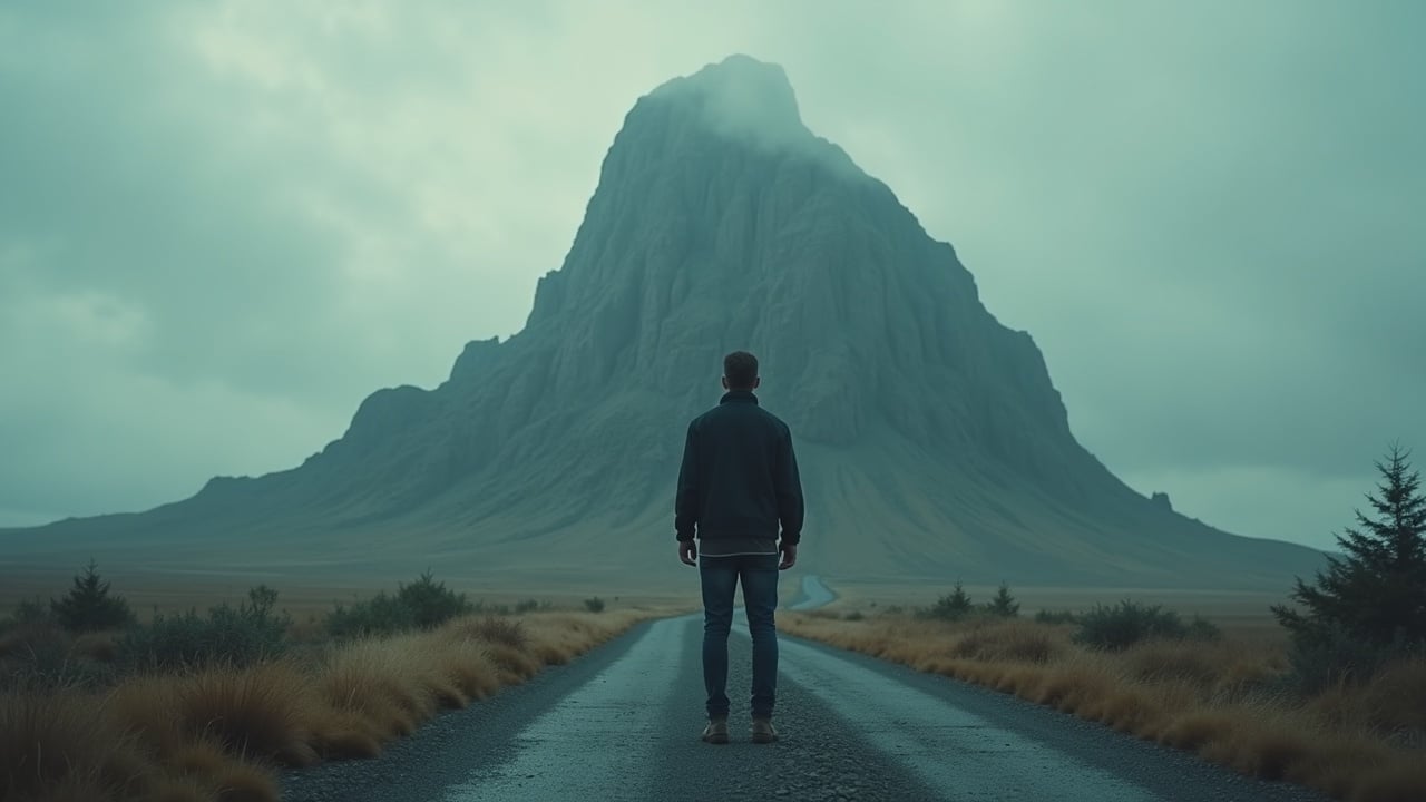 A solitary figure standing on a road facing a towering mountain, under a moody, overcast sky.