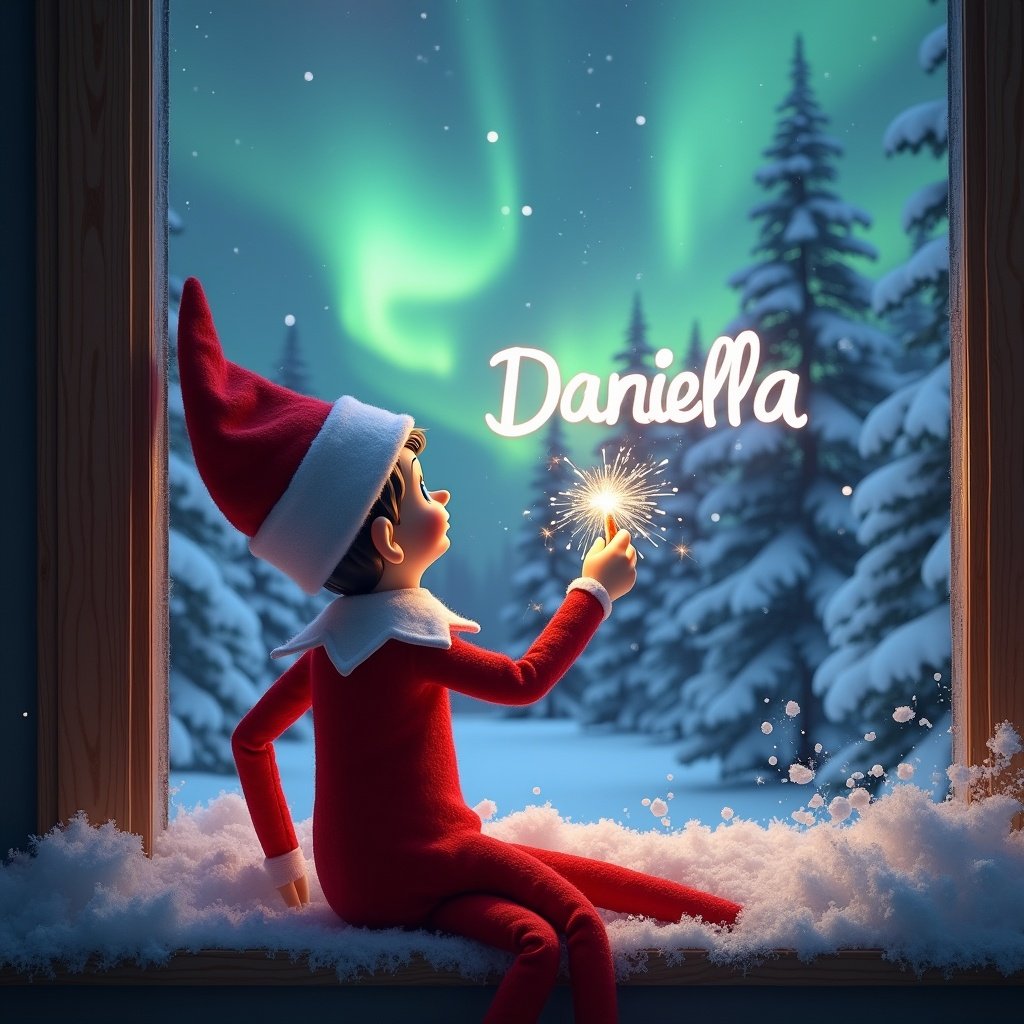 The image features an adorable elf on the shelf sitting on a window ledge, with his back turned to the viewer. He is using a magical wand to create twinkling sparks while looking up at a stunning display of northern lights. The background is set in a winter wonderland, filled with snow-covered pine trees, conjuring a festive holiday feel. Dressed in a vibrant red outfit with white trim, the elf embodies the Christmas spirit. The scene is illuminated by the enchanting colors of the aurora borealis, enhancing the magical ambiance.