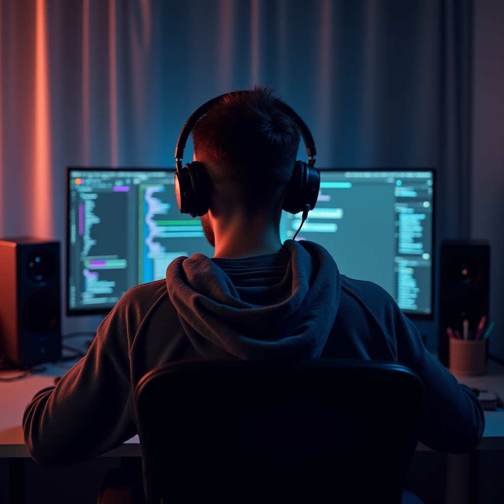 A person wearing headphones sits in a dark, ambient-lit room, intensely focused on code displayed on a monitor.