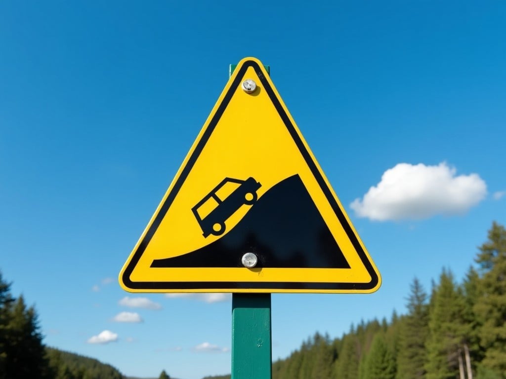 This image features a road sign warning drivers about a slope. The triangular sign is predominantly yellow with a black silhouette of a car driving up a steep hill. Set against a clear blue sky, it stands out with its vibrant colors. The area surrounding the sign is lush green with trees in the background, indicating a rural setting. This sign is crucial for ensuring the safety of drivers by alerting them to changing road conditions.