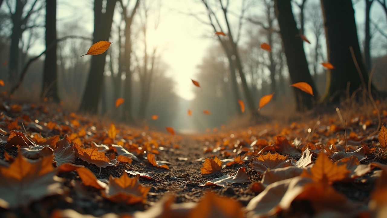 The image captures a serene autumn scene, where vibrant orange leaves are falling gently from tall, barren trees. The ground is covered with a blanket of dry leaves, creating a soft carpet in shades of brown and beige. A winding path can be seen in the distance, leading down through a foggy atmosphere, enhancing the feeling of warmth amidst the cooler season. Natural light filters through the trees, creating a peaceful and reflective mood. It evokes a sense of tranquility and transition as the earth prepares for dormancy.