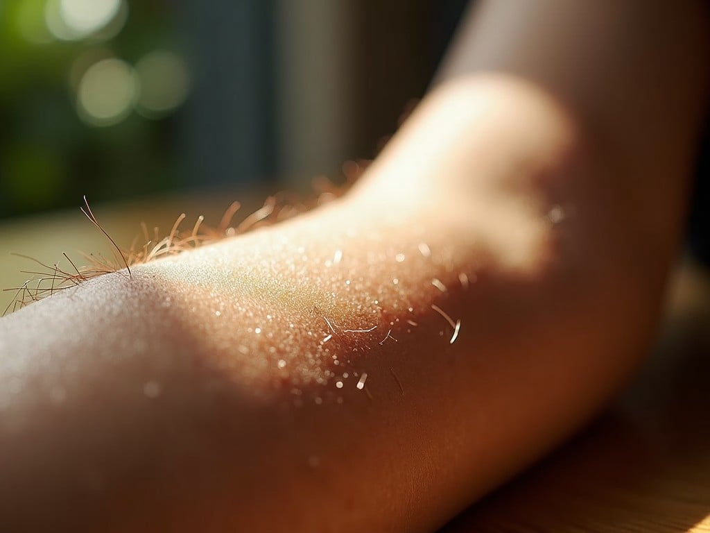 This image captures a close-up view of a human arm under direct sunlight, highlighting the fine hair and skin texture. The light creates a beautiful glow and casts shadows, emphasizing the thin translucent hair strands against the skin.