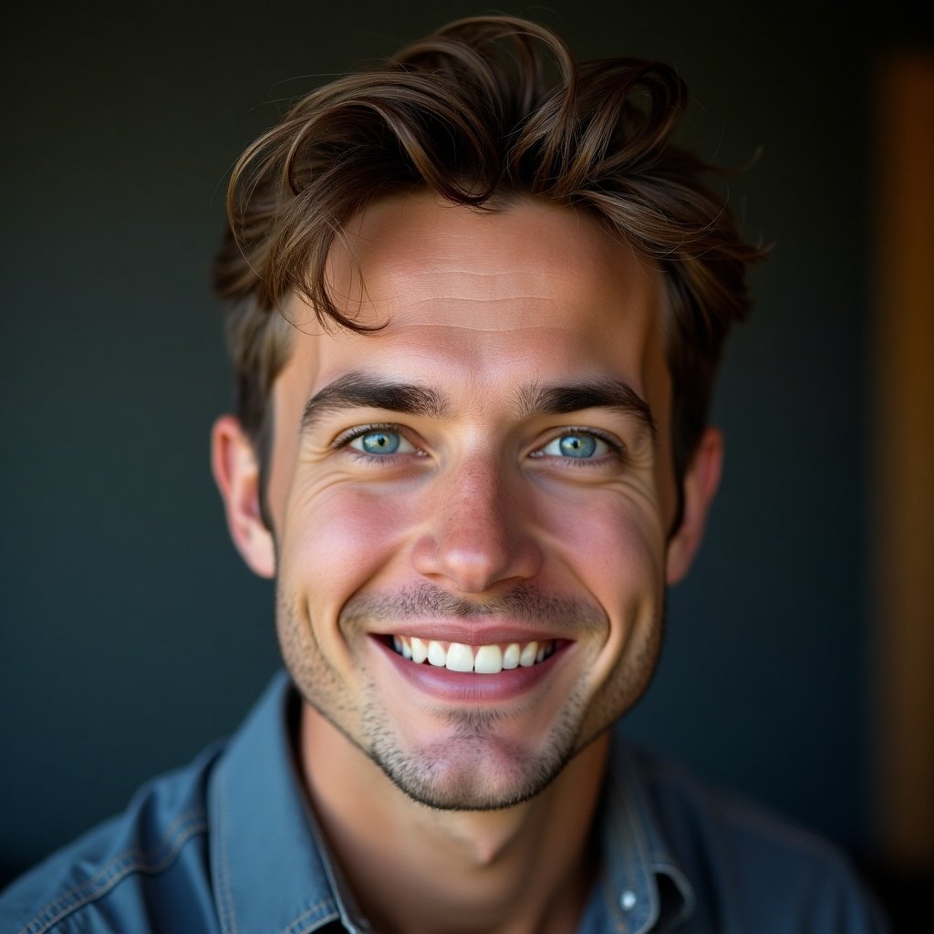 A young man with striking blue eyes and short, tousled hair stands smiling at the camera. He has a warm, cheerful expression that radiates positivity. The background is a subtle gray, allowing his features to pop. His outfit is casual yet stylish, suitable for various settings. This portrait captures the essence of youthful energy and charm.