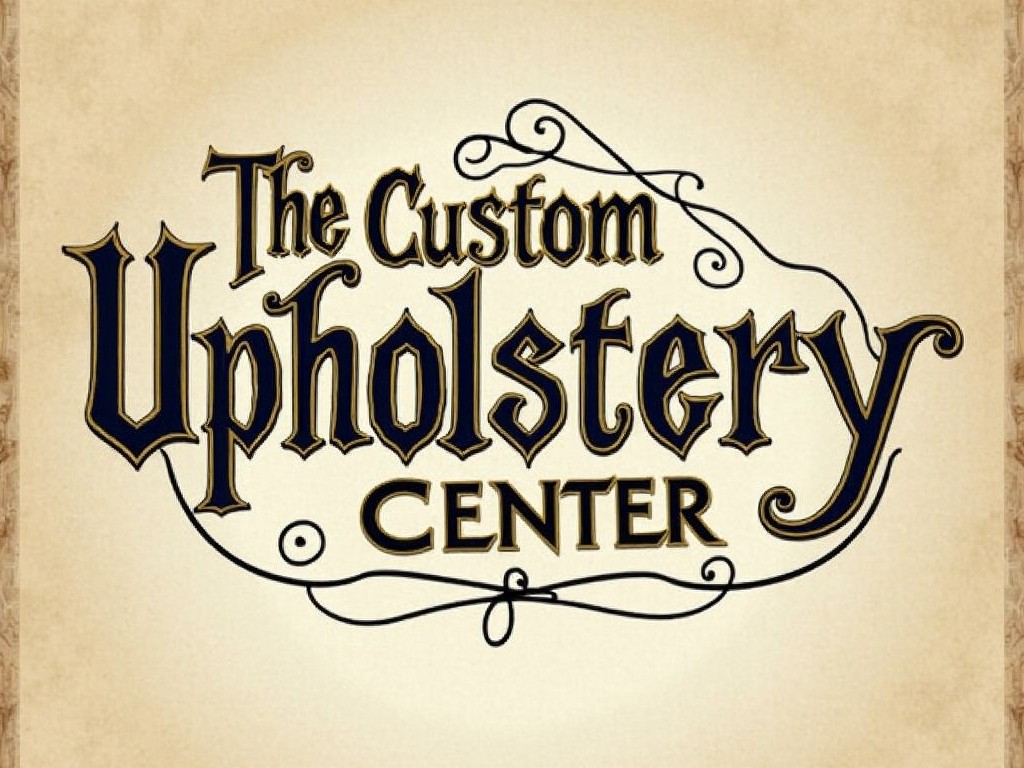 The image showcases the words 'The Custom Upholstery Center' crafted in an ornate, handwritten calligraphy style. The text features stylish flourishes that enhance its visual appeal. The color scheme consists of warm cream and dark blue, creating a striking contrast. This design captures the essence of craftsmanship and artistry associated with upholstery. Overall, it conveys both elegance and professionalism, making it suitable for branding upholstery businesses.