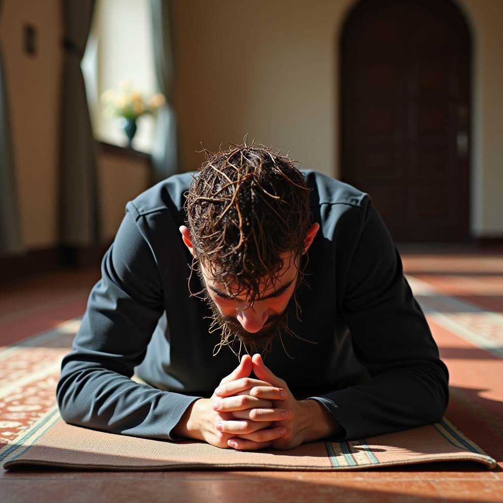 A man deeply focused in meditation inside a sunlit room.