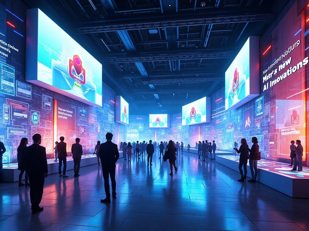 The image depicts a bustling exhibition hall filled with people. Large digital screens showcase presentations about AI innovations. The atmosphere is vibrant with blue and red neon lighting. Attendees are exploring and engaging with the displays. This scene reflects a modern tech event aimed at showcasing new advancements.