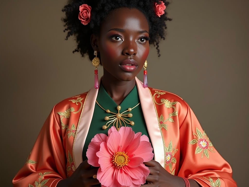 A woman in a red robe with floral designs stands gracefully, adorned with a large red flower pinned to her outfit.