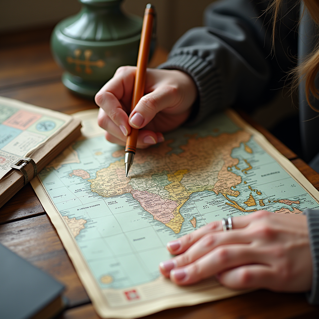 A person writing on a map of Asia with a pen, suggesting travel planning.