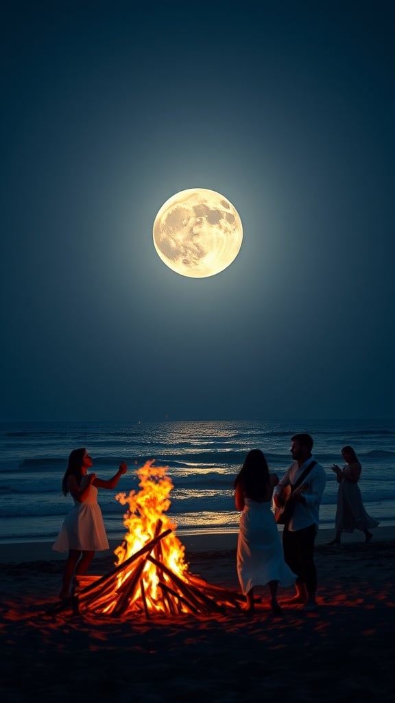 A serene beach scene illuminated by a full moon, featuring a group of people gathered around a vibrant bonfire. The moon glows brightly against a dark blue sky, casting a soft light on the sea and sand. This picturesque moment captures a serene and communal vibe, with some individuals engaged in conversation and others possibly singing or playing music.