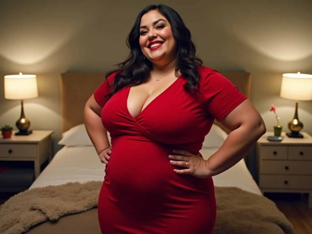 A confident woman in a red dress standing in a cozy, warmly lit bedroom, smiling.