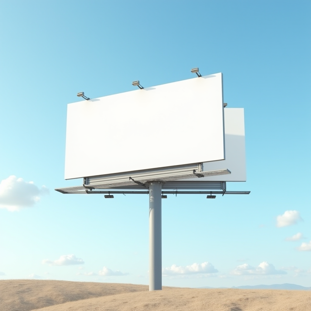 A large blank billboard stands in a sandy desert under a clear blue sky.