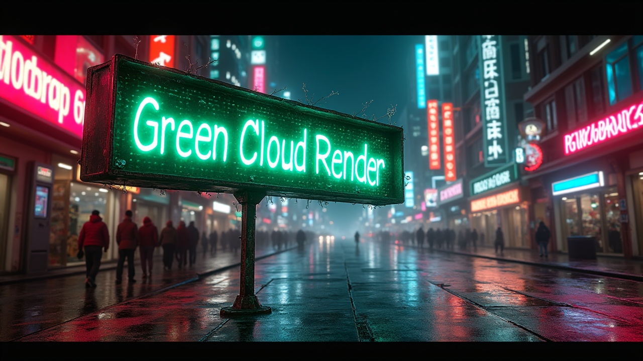 This image showcases a futuristic cityscape drenched in neon lights with colorful signage adorning the buildings. The central focus is a bright green cloud with the word 'Green' on it, emphasizing eco-futuristic technology. The scene is vibrant and lively, reminiscent of cyberpunk visual aesthetics.