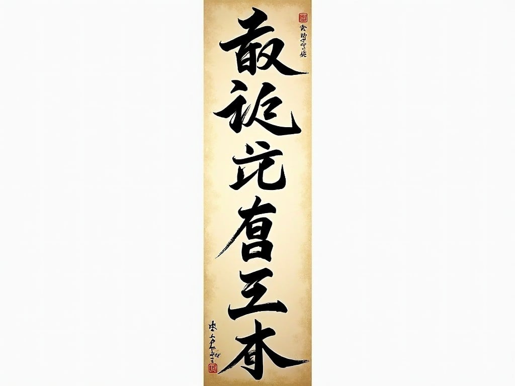 The image showcases traditional Japanese calligraphy, emphasizing key virtues. Each character is gracefully written in a single stroke with fluidity. The black ink contrasts beautifully against a beige background. This elegant art form represents deep cultural values. The vertical alignment adds a sense of height and significance to the characters. Overall, it conveys harmony and balance in design.