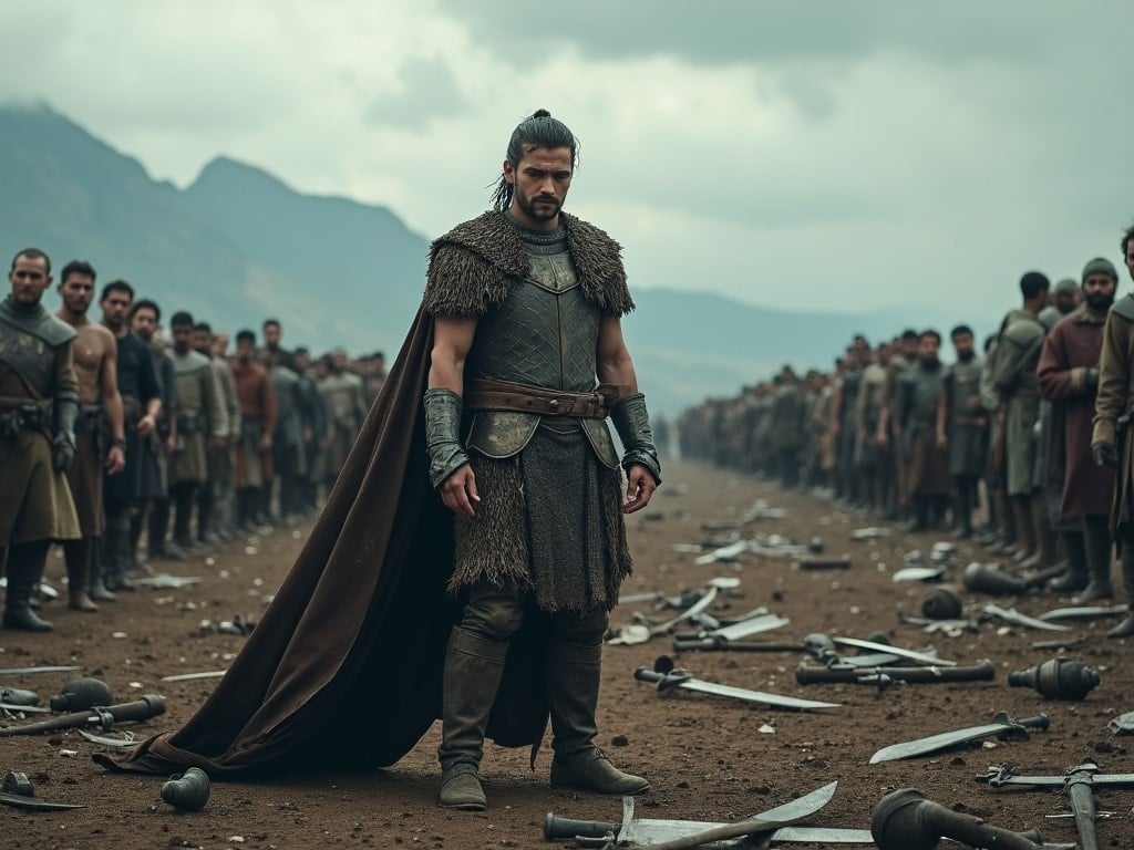 A solitary warrior stands amidst a battlefield strewn with discarded swords. Clad in dark medieval armor with a fur-lined cape, he exudes strength and determination. The scene is set against a backdrop of mountains under a cloudy sky, emphasizing the desolation of war. Rows of soldiers in muted attire can be seen in the background, creating a stark contrast to the main character. The overall atmosphere is tense and solemn, capturing the essence of a lost battle.