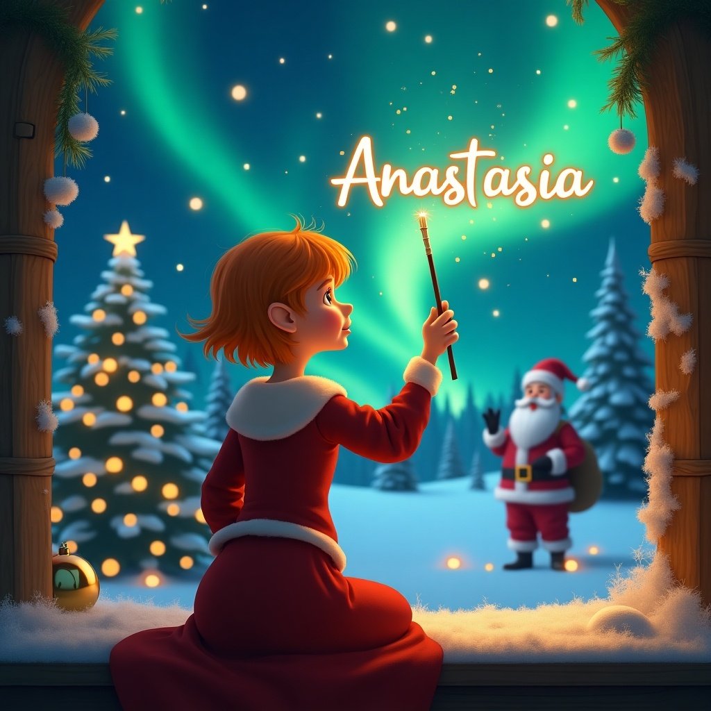 A child wearing a festive outfit sits on a window sill, her back to the viewer, gazing up at the night sky. She has short orange hair and is using a wand to write 'Anastasia' in the air. The background features a stunning depiction of the Northern Lights illuminating the night sky. In the distance, Santa Claus stands by a snow-covered Christmas tree adorned with lights. The scene is cozy and filled with holiday magic.