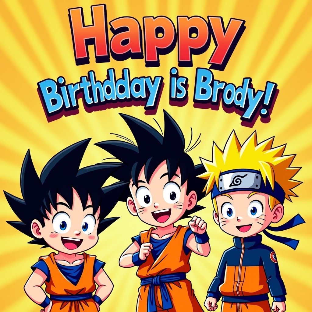 This image serves as a birthday invitation card designed for a 20-year-old boy named Brody. It features three cheerful characters: a cartoon version of Sean John Combs, Goku from Dragon Ball Z, and Naruto from Naruto. They all have happy, playful expressions and are dressed in bright, orange outfits. The background is a vibrant yellow with dynamic text that reads 'Happy Birthday Brody!' This artwork is designed to attract young anime fans and create a fun party atmosphere.