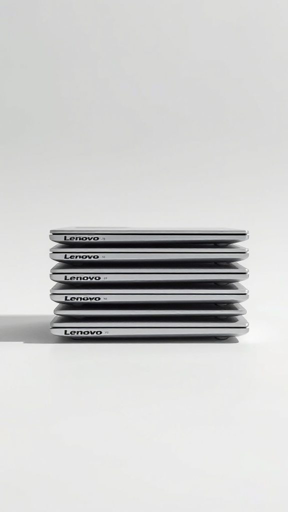 A stack of Lenovo laptops arranged neatly in a minimalistic setting.