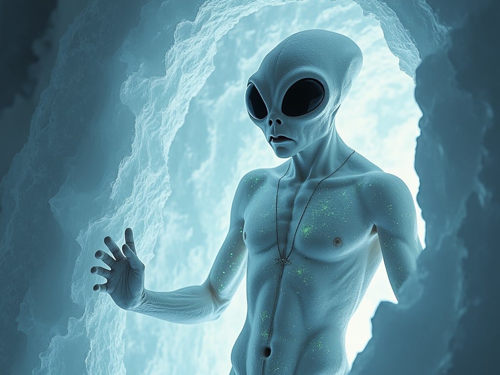 This image portrays a humanoid alien figure standing inside an icy cave. The alien has smooth, pale skin with shimmering spots and large, dark eyes. The surrounding icy structure has a luminescent quality, casting a soft, ethereal light on the alien who wears a simple necklace. The setting suggests a mysterious yet serene environment, with the alien appearing curious or contemplative.