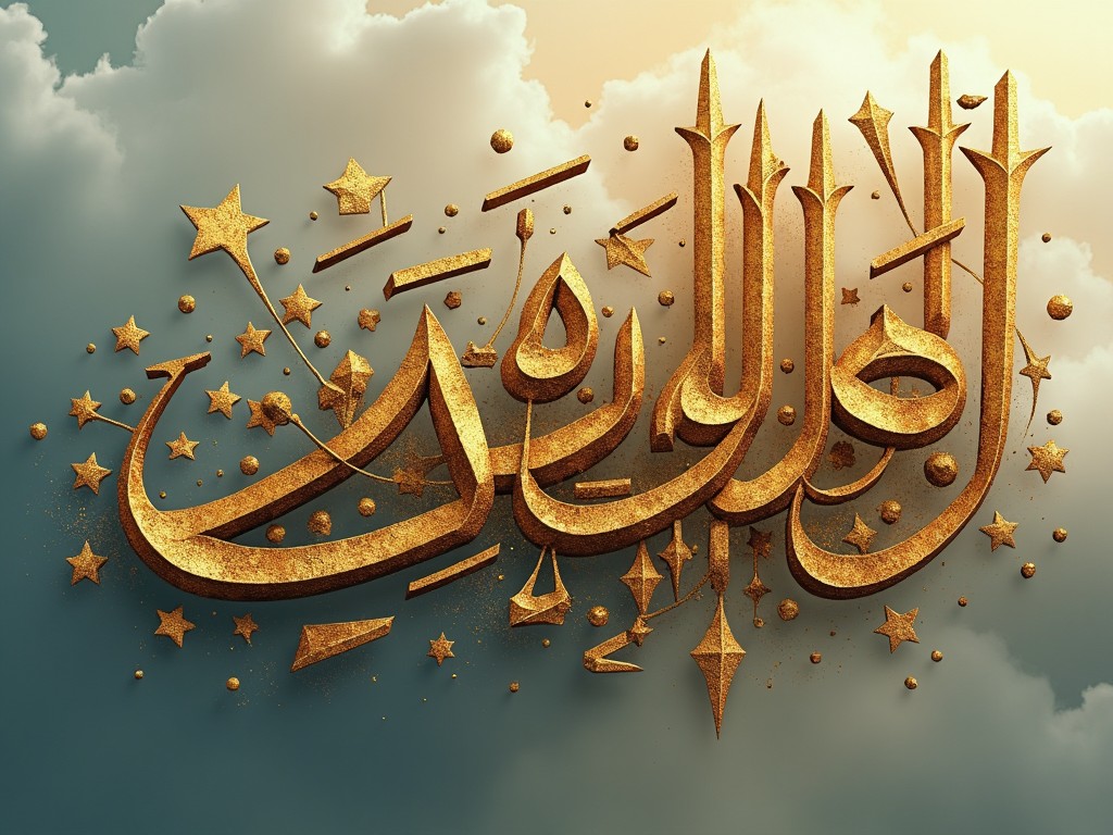 This image features beautifully stylized Arabic calligraphy that spells 'كتاب الواقع' (Book of Reality) in an artistic manner. The text is displayed in a rich gold color, radiating elegance and sophistication. Surrounding the calligraphy are whimsical elements like stars and decorative shapes that enhance the overall visual appeal. The background consists of soft clouds rendered in gentle shades of blue and white, creating a serene atmosphere. This piece is designed to captivate and inspire viewers with its blend of traditional and contemporary artistic styles.