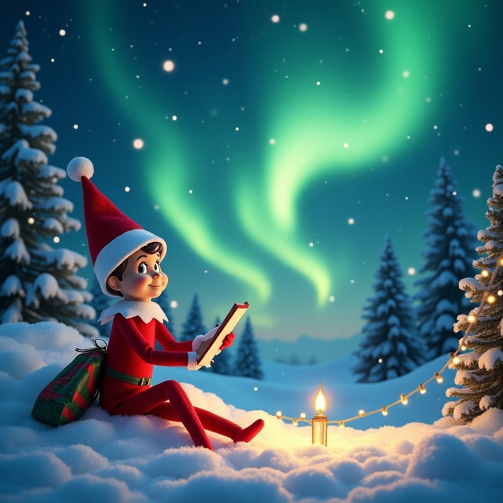 The scene depicts an elf sitting in a snowy landscape, engrossed in a book. The elf, dressed in a traditional red outfit with a pointed hat, has a cheerful expression. Behind him, the night sky is illuminated by spectacular northern lights, casting a green hue across the scene. Beside the elf, a candle flickers softly, adding a warm glow to the icy surroundings. Snow-covered trees frame the picturesque winter setting. The atmosphere is magical and embodies the spirit of Christmas.