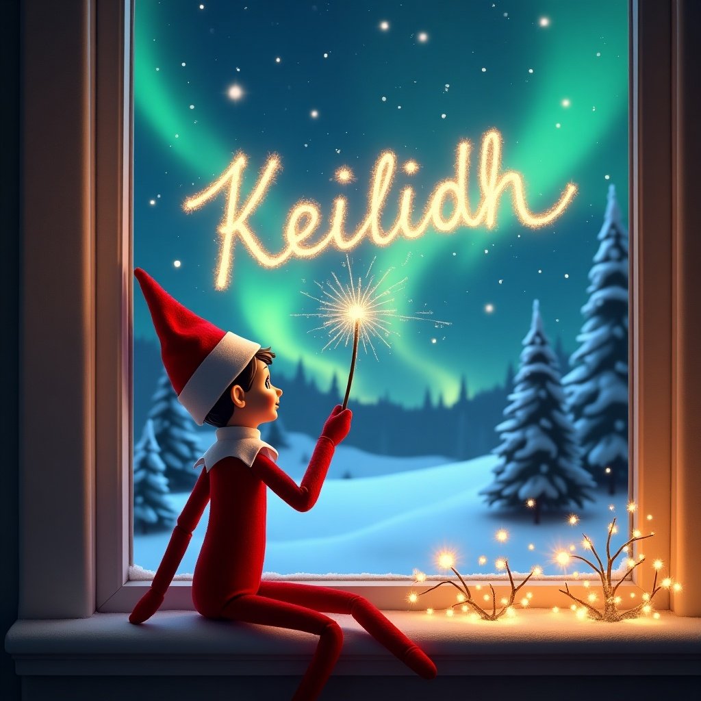 An enchanting scene features an Elf on the Shelf seated by a window, gazing out. The elf joyfully wields a wand to create magical sparkles in the night sky. In elegant letters, the name Keilidh sparkles against the backdrop. Outside, a snowy landscape unfolds beneath the mesmerizing Northern Lights. The warm glow from the window casts a cozy light over the elf, enhancing the magical winter evening. Pine trees dot the distance, completing this festive atmosphere.