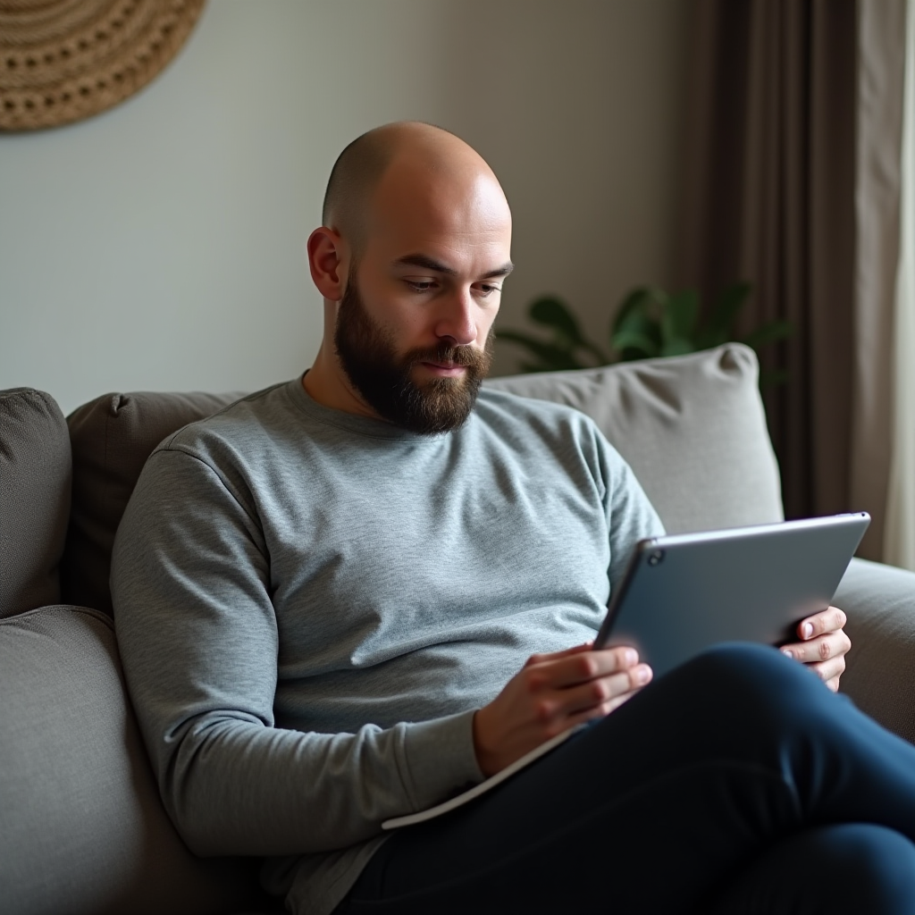 A bearded man sits on a couch, deeply engaged with a tablet.