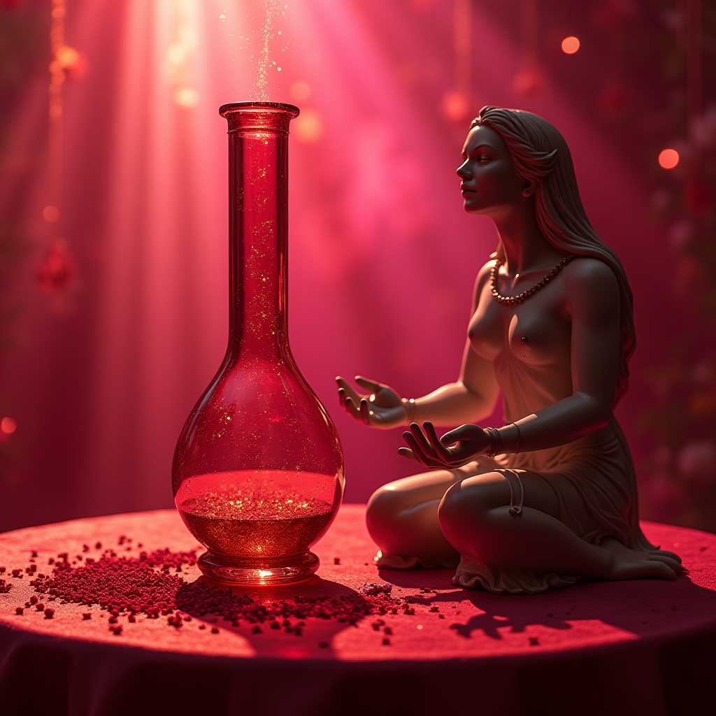 A statue of a seated woman, resembling a serene figure, is positioned beside a large elegant glass bottle on a table. The bottle is filled with a shimmering, golden liquid that seems to be emanating a mystical glow. The scene is enveloped in warm, ambient light, casting a magical atmosphere. The background is softly blurred, filled with red and pink hues, suggesting a dreamy, ethereal setting. The tablecloth beneath is adorned with a scattering of red-colored beads, enhancing the enchanting feel of the composition.