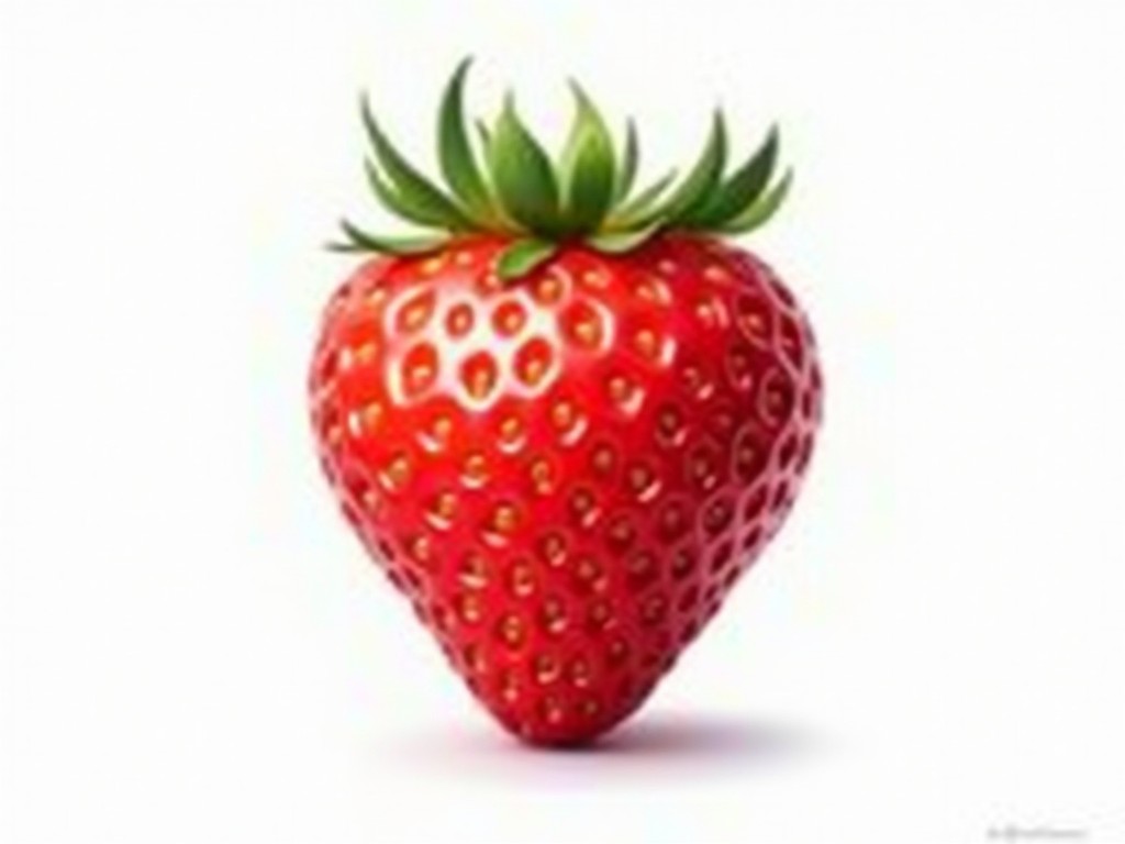 A vibrant illustration of a single, plump strawberry on a white background. The strawberry's surface is dotted with seeds, and the lush green leaves at the top contrast against its rich red color, highlighting its freshness and appeal.