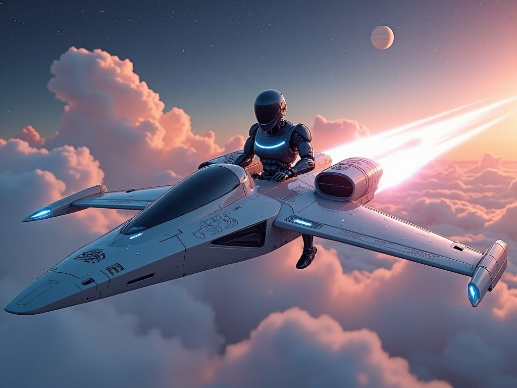 A robot is flying a sleek, futuristic ship above fluffy clouds. The ship is designed with smooth lines and glowing blue accents. In the background, there are soft pink and purple clouds against a twilight sky. A distant planet is visible, adding to the cosmic feel of the scene. Light emits from the ship’s engines, creating a sense of motion and speed. This image captures the essence of adventure in space exploration, combining technology and imagination.