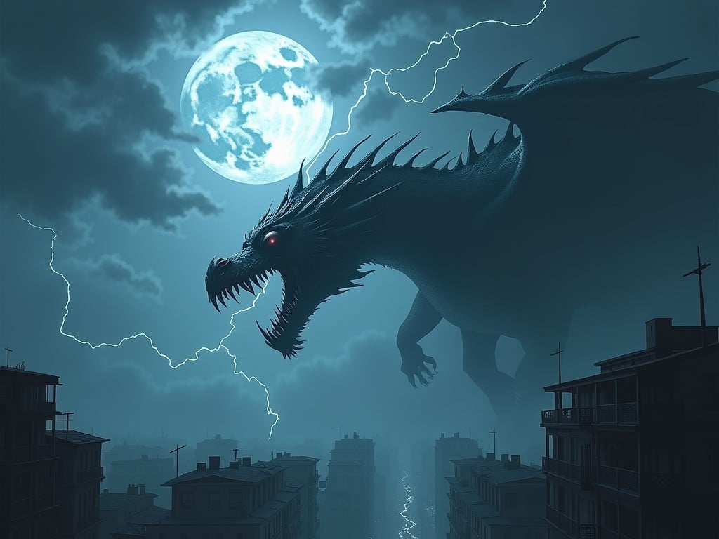 A dragon-like creature looms over a cityscape during a thunderstorm. The creature has a flowing, ethereal body with menacing eyes and sharp teeth. A full moon casts a bright glow on the scene, making the clouds and lightning bolts more vivid. The buildings below are silhouetted against the dramatic sky. This illustration captures the essence of urban fantasy and mythological terror.